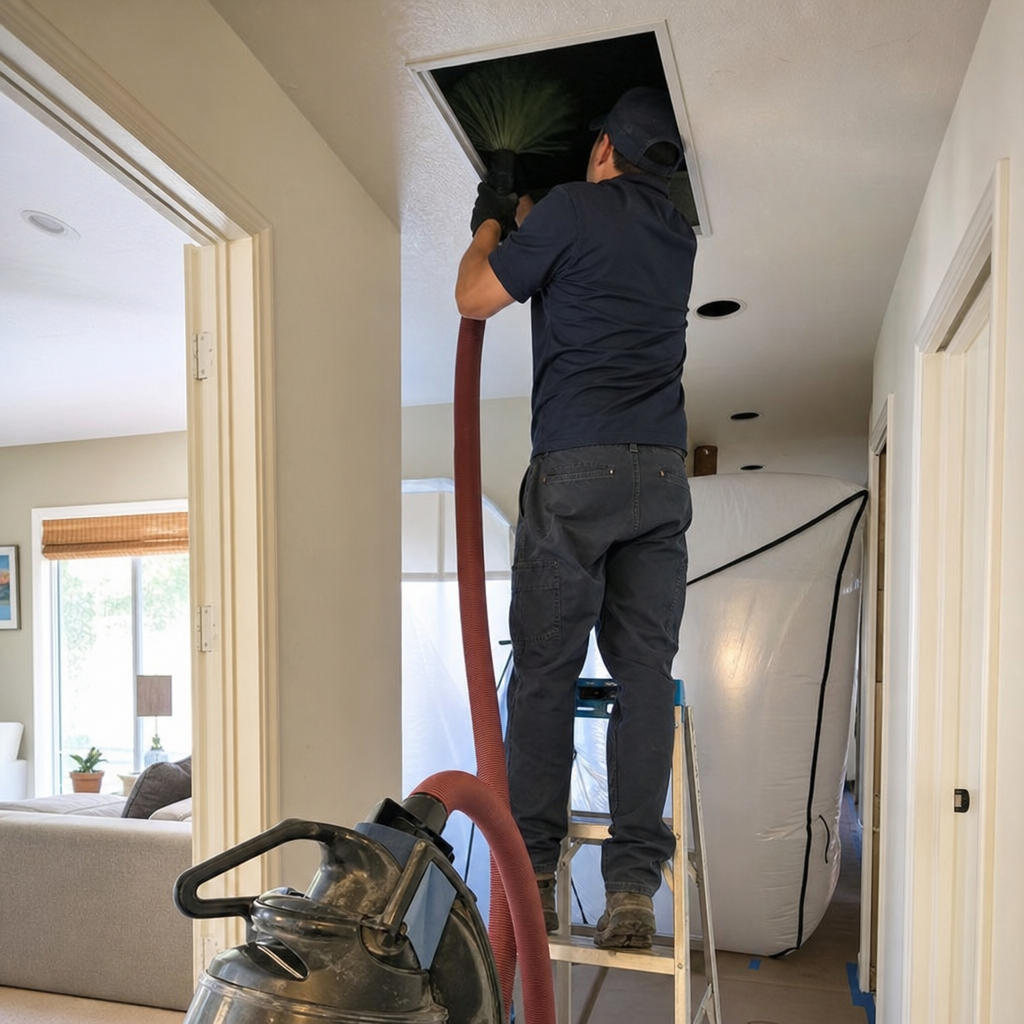 Air duct cleaning professional working in a home ceiling