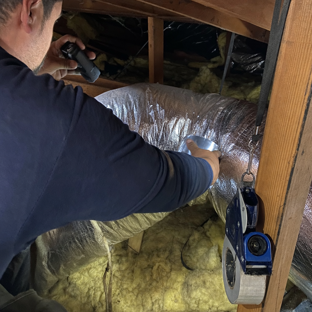 Technician performing duct repair and sealing in attic
