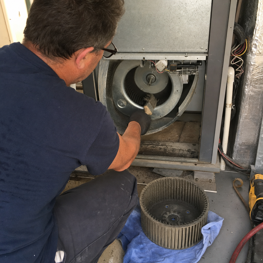 HVAC cleaning technician brushes fan blower in unit