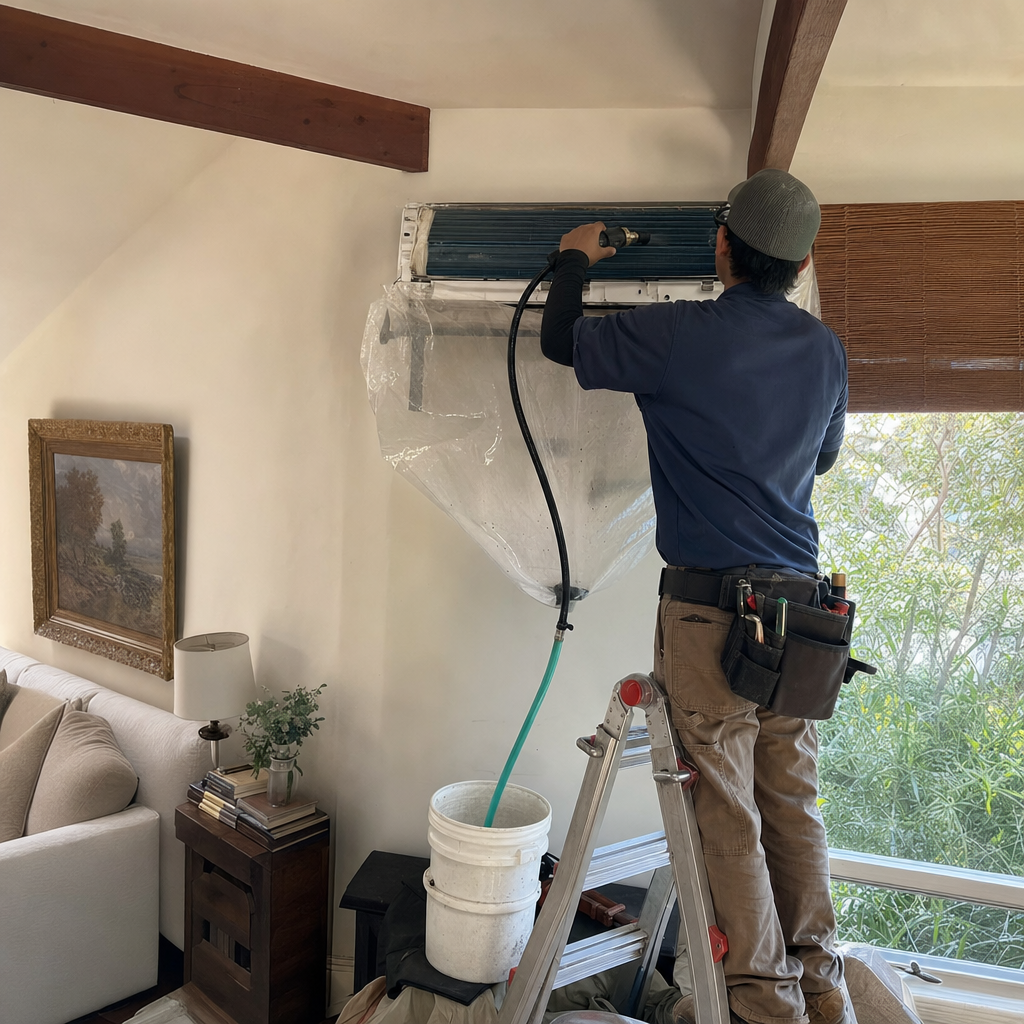 HVAC cleaning technician sprays air conditioner unit during service